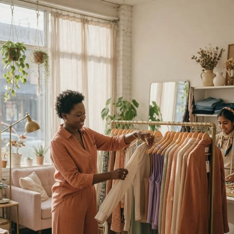 A boutique retail owner arranging clothing on a display rack in a bright