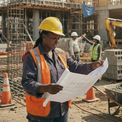 A construction contractor in a hard hat reviewing blueprints on an active building site in daylight