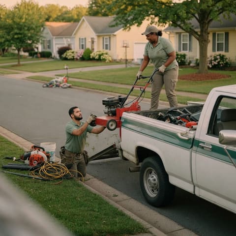 A landscaping business owner loading equipment onto a work truck on a green suburban street