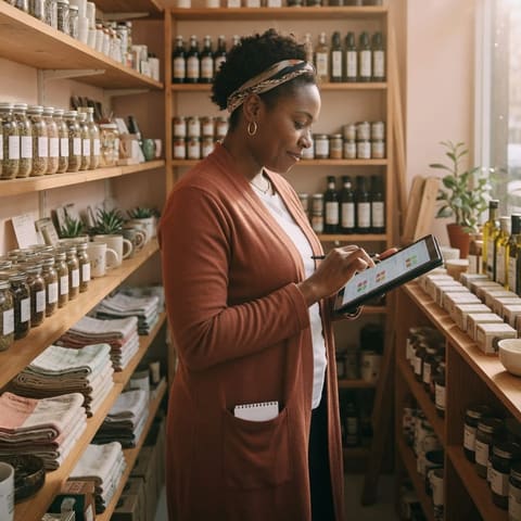 A retail shop owner checking inventory on a tablet among neatly stocked shelves